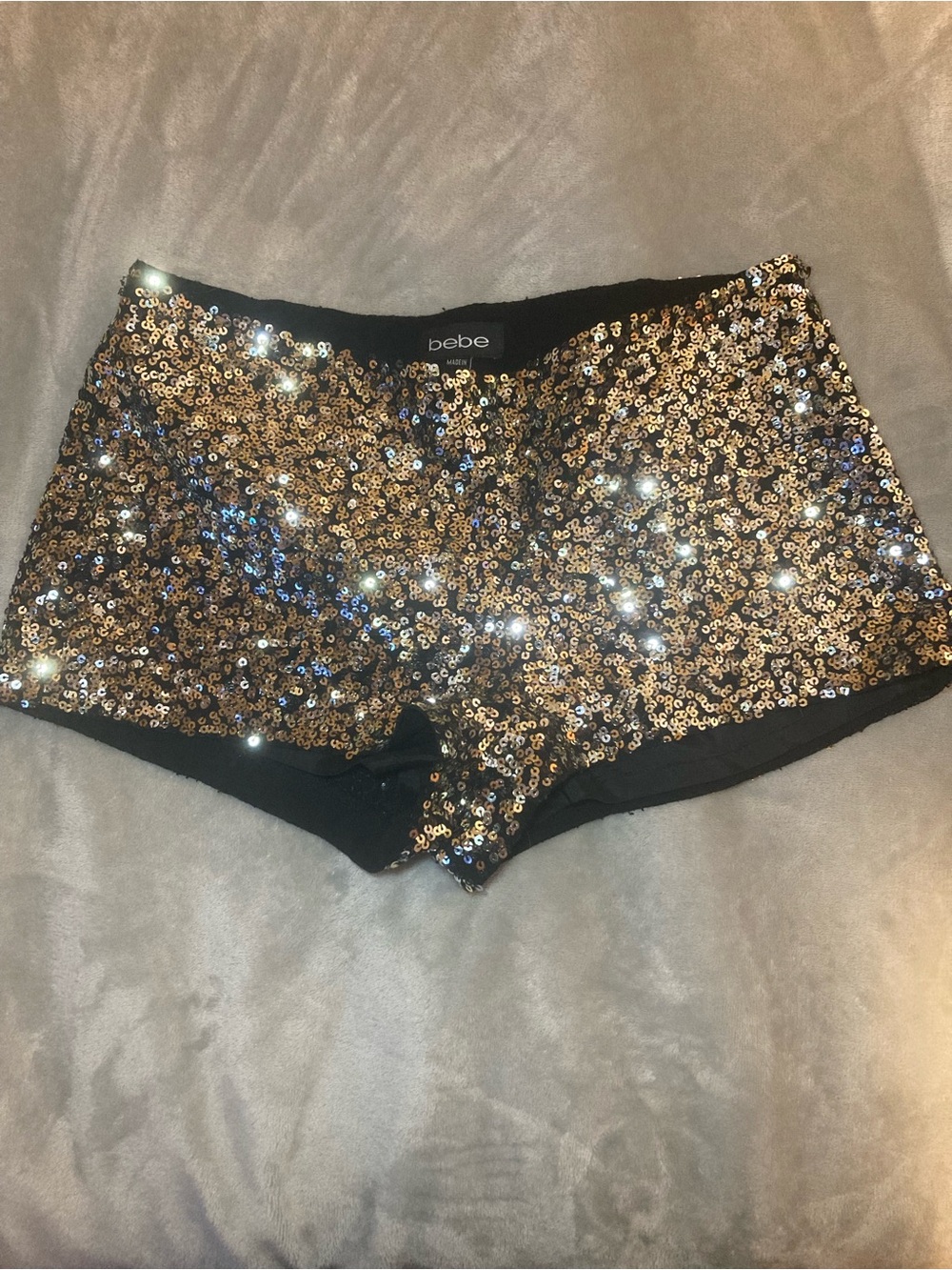 bebe Gold Sequin Mini Shorts with Black Trim